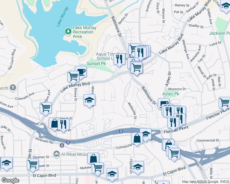 map of restaurants, bars, coffee shops, grocery stores, and more near 5525 Shasta Lane in La Mesa