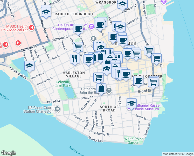 map of restaurants, bars, coffee shops, grocery stores, and more near 87 Logan Street in Charleston