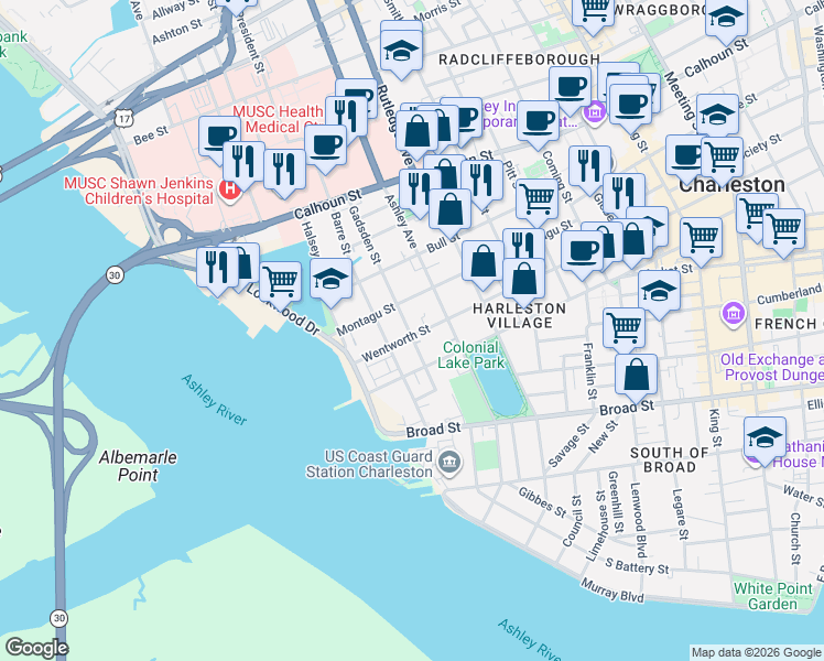 map of restaurants, bars, coffee shops, grocery stores, and more near 12 Gadsden Street in Charleston