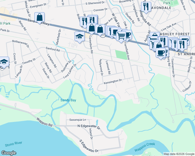 map of restaurants, bars, coffee shops, grocery stores, and more near 293 Canterbury Road in Charleston