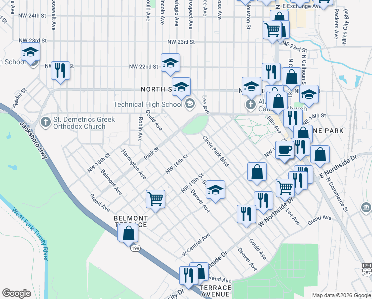map of restaurants, bars, coffee shops, grocery stores, and more near in Fort Worth