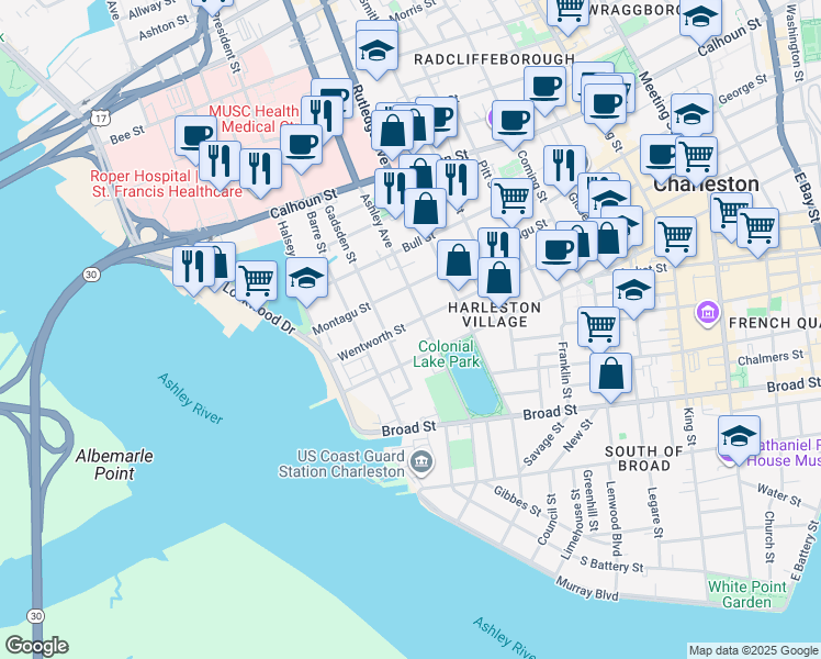 map of restaurants, bars, coffee shops, grocery stores, and more near 175 Wentworth Street in Charleston
