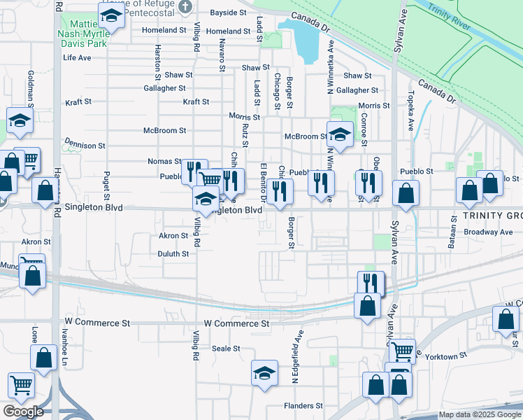 map of restaurants, bars, coffee shops, grocery stores, and more near 1212 Singleton Boulevard in Dallas