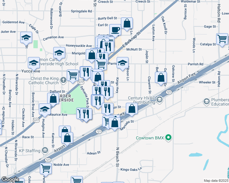 map of restaurants, bars, coffee shops, grocery stores, and more near 1113 Kings Highway in Fort Worth