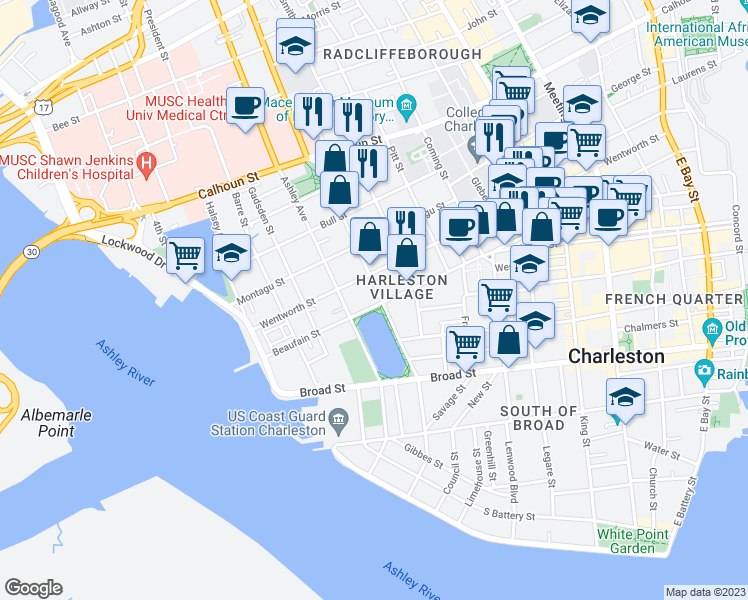 map of restaurants, bars, coffee shops, grocery stores, and more near 52 Rutledge Avenue in Charleston