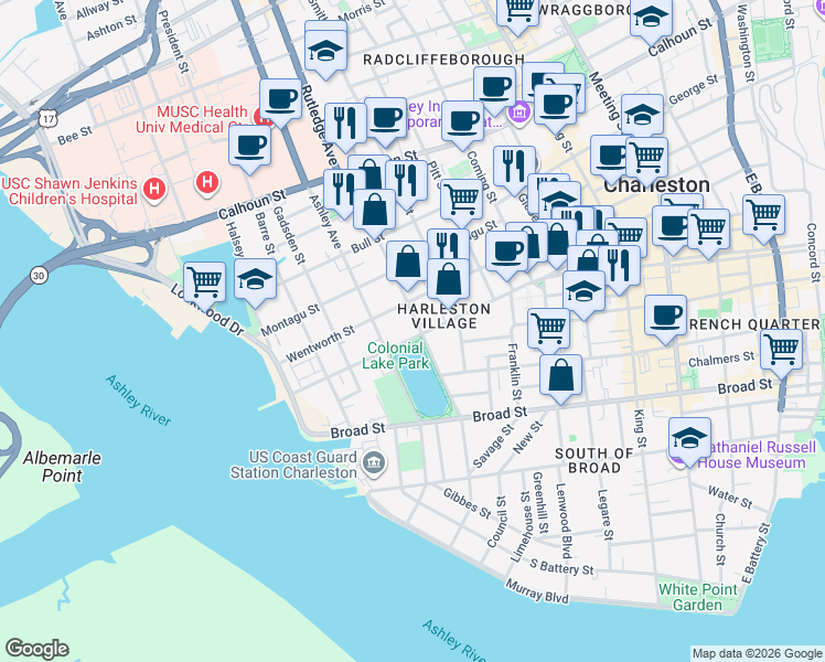 map of restaurants, bars, coffee shops, grocery stores, and more near 63 Rutledge Avenue in Charleston