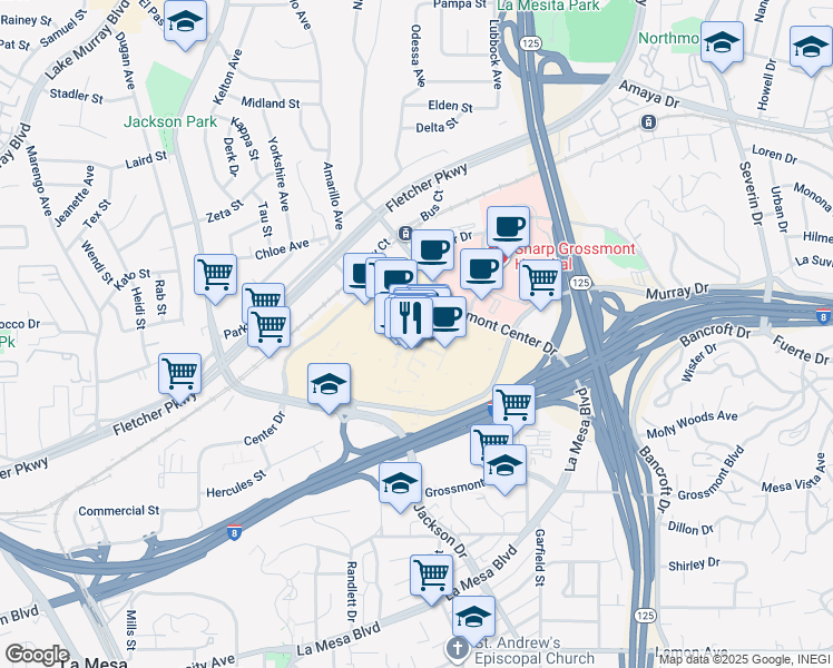 map of restaurants, bars, coffee shops, grocery stores, and more near 5500 Grossmont Center Drive in La Mesa