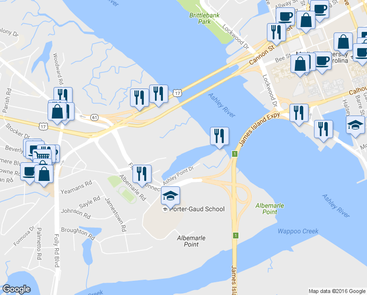 map of restaurants, bars, coffee shops, grocery stores, and more near 116 Ripley Point Drive in Charleston