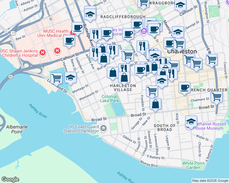 map of restaurants, bars, coffee shops, grocery stores, and more near 52 Rutledge Avenue in Charleston