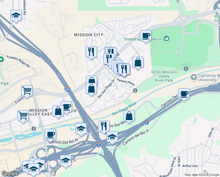 map of restaurants, bars, coffee shops, grocery stores, and more near 2212 Fenton Parkway in San Diego