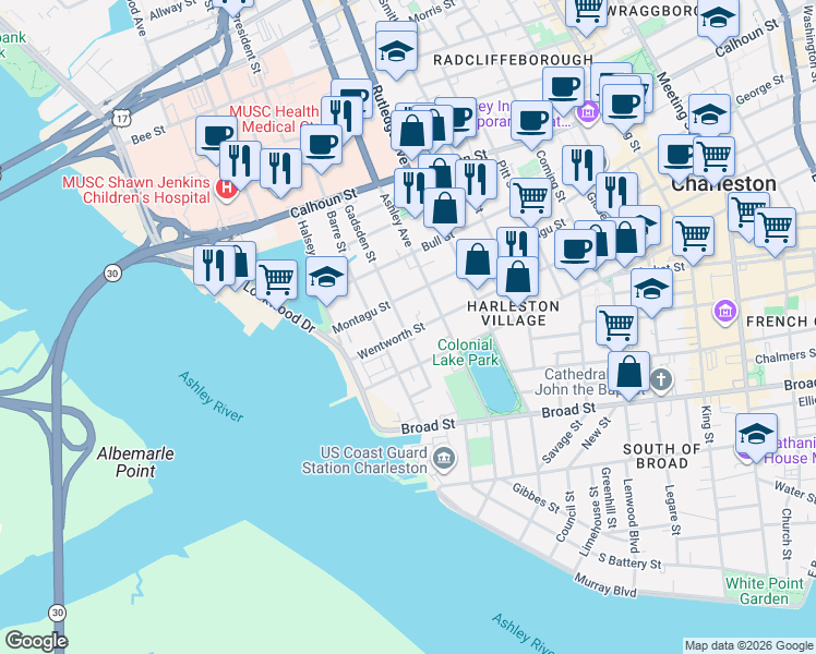 map of restaurants, bars, coffee shops, grocery stores, and more near 12 Gadsden Street in Charleston