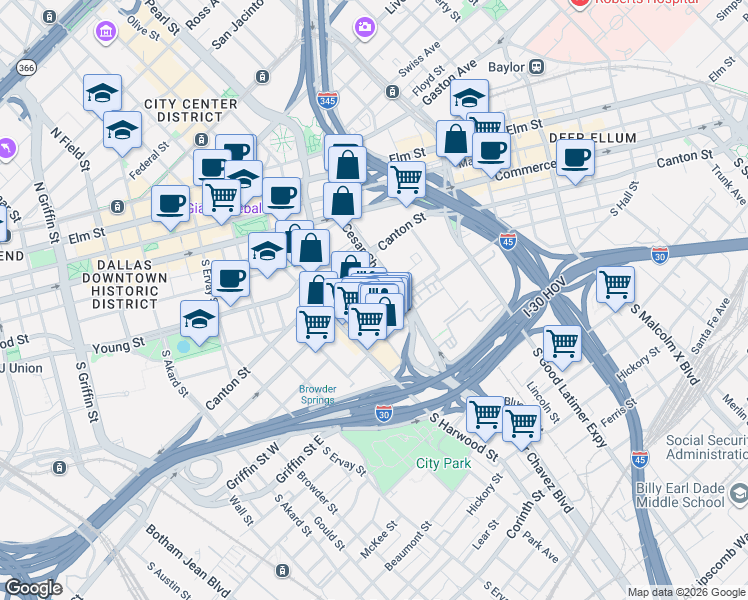 map of restaurants, bars, coffee shops, grocery stores, and more near in Dallas