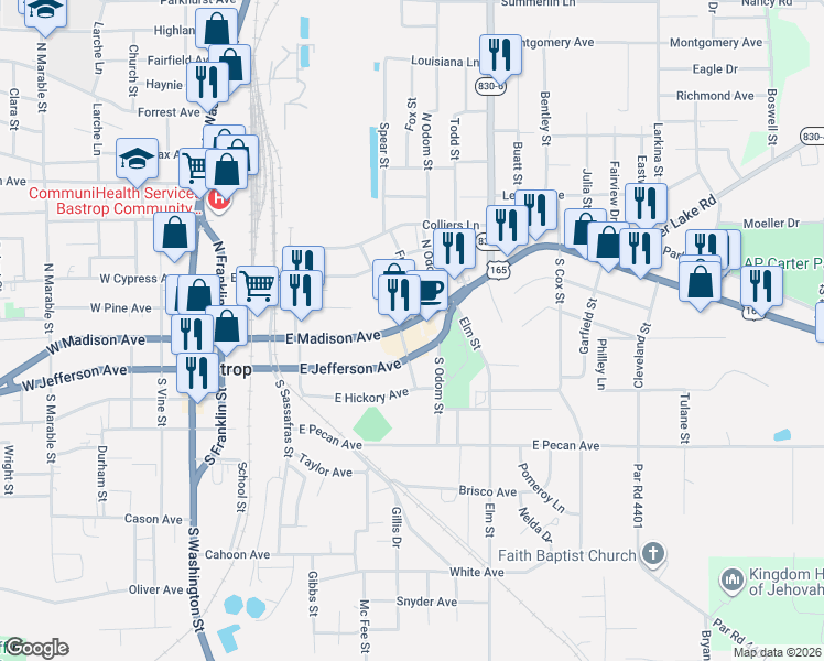 map of restaurants, bars, coffee shops, grocery stores, and more near 101-199 Hall St in Bastrop