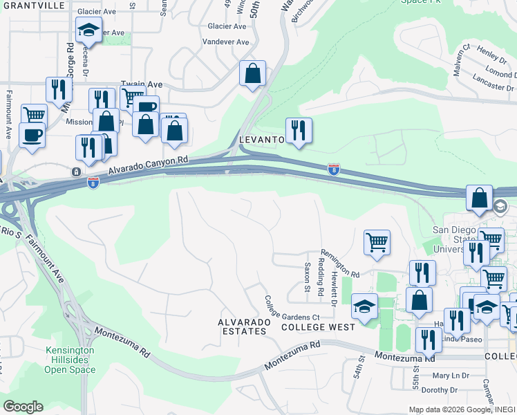 map of restaurants, bars, coffee shops, grocery stores, and more near 5463 Drover Drive in San Diego