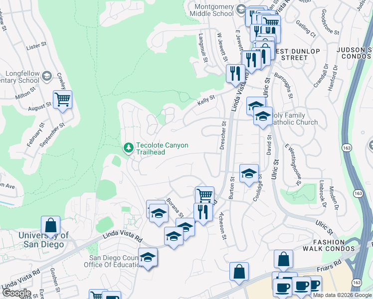 map of restaurants, bars, coffee shops, grocery stores, and more near 6555 Goodwin Street in San Diego
