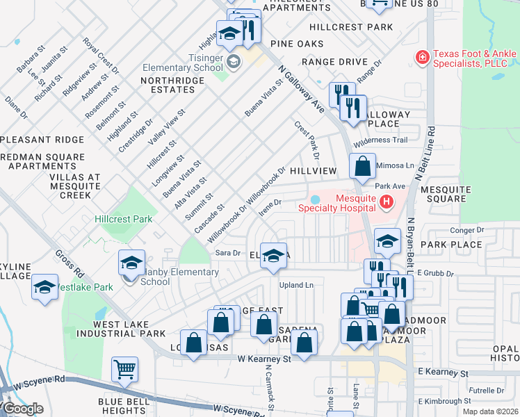 map of restaurants, bars, coffee shops, grocery stores, and more near in Mesquite