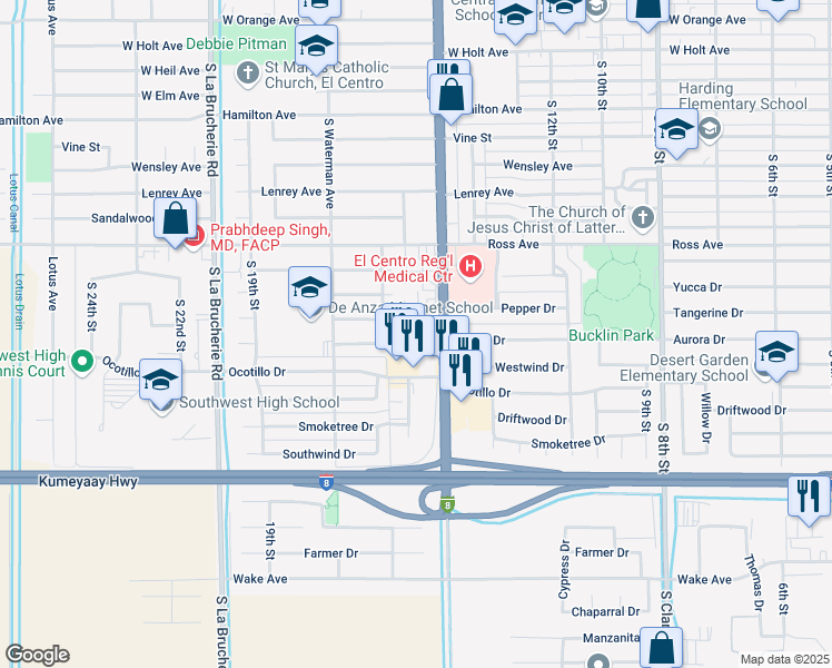 map of restaurants, bars, coffee shops, grocery stores, and more near Cottonwood Dr in El Centro