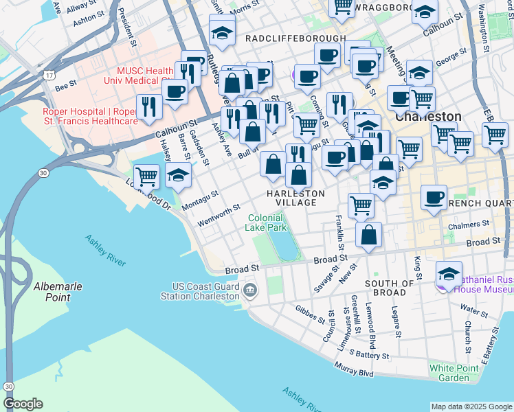 map of restaurants, bars, coffee shops, grocery stores, and more near 70 Ashley Avenue in Charleston