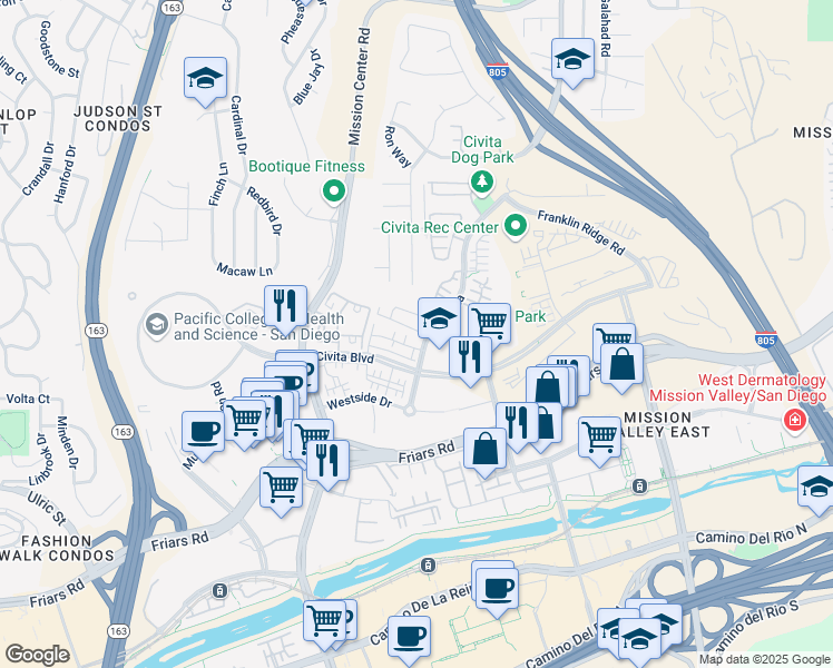 map of restaurants, bars, coffee shops, grocery stores, and more near 7887 Stylus Drive in San Diego