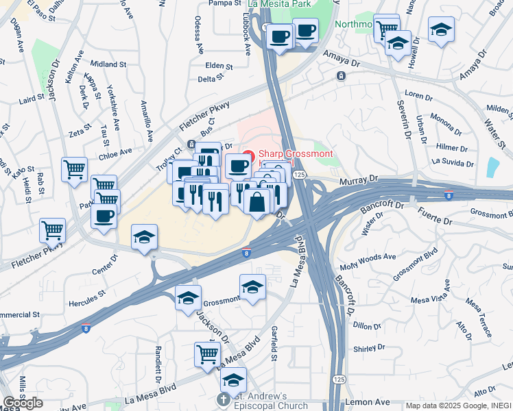 map of restaurants, bars, coffee shops, grocery stores, and more near 5500 Grossmont Center Drive in La Mesa