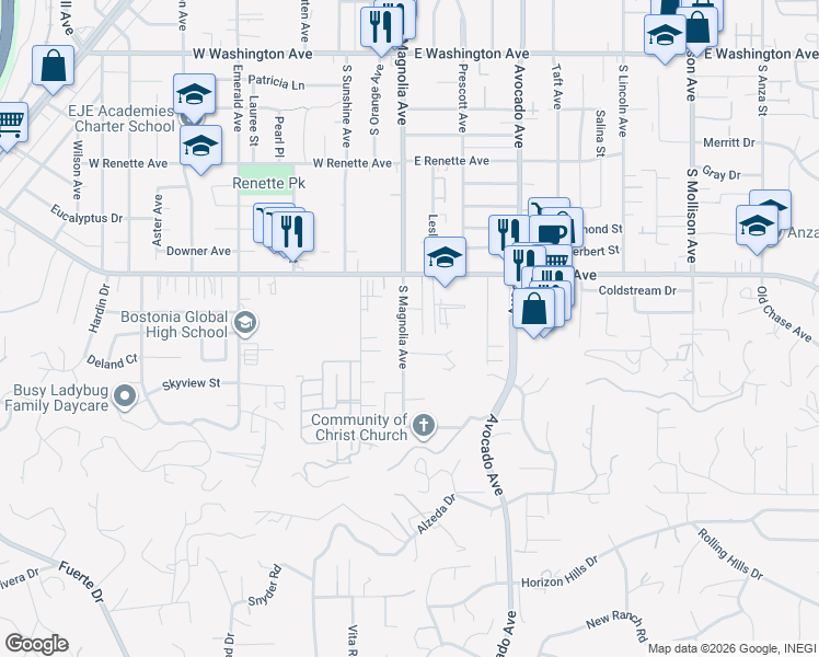 map of restaurants, bars, coffee shops, grocery stores, and more near 1320 South Magnolia Avenue in El Cajon