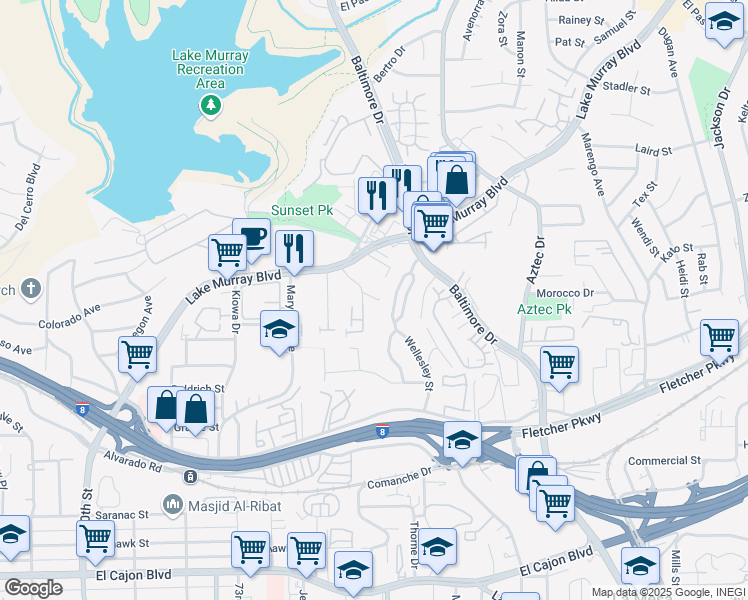 map of restaurants, bars, coffee shops, grocery stores, and more near 5525 Shasta Lane in La Mesa