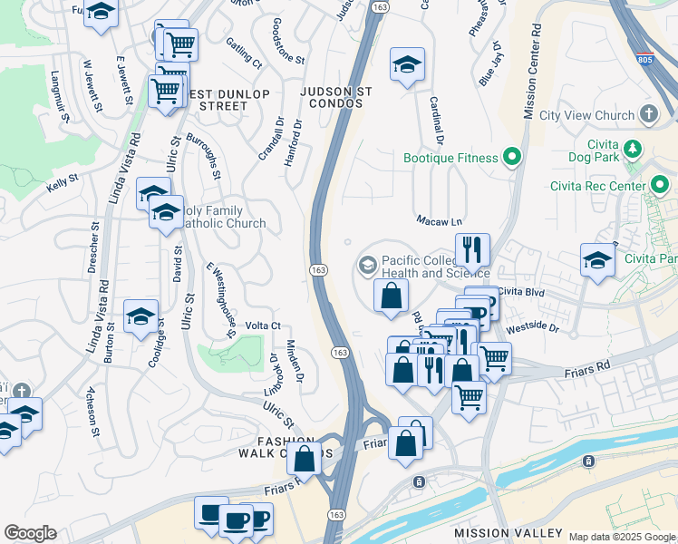 map of restaurants, bars, coffee shops, grocery stores, and more near 7440 Mission Valley Road in San Diego