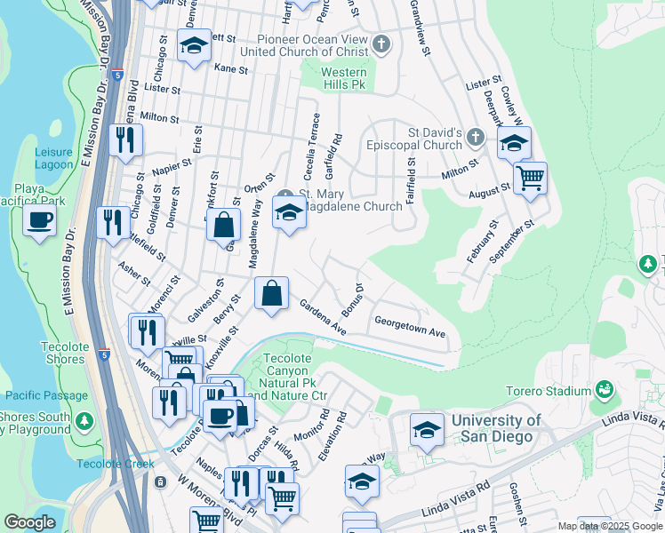 map of restaurants, bars, coffee shops, grocery stores, and more near 4910 Sparks Avenue in San Diego