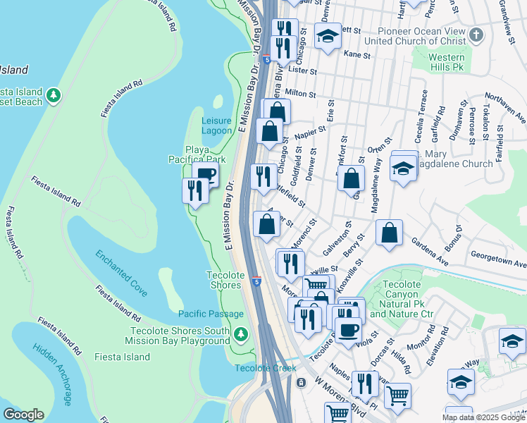 map of restaurants, bars, coffee shops, grocery stores, and more near 4245 Asher Street in San Diego