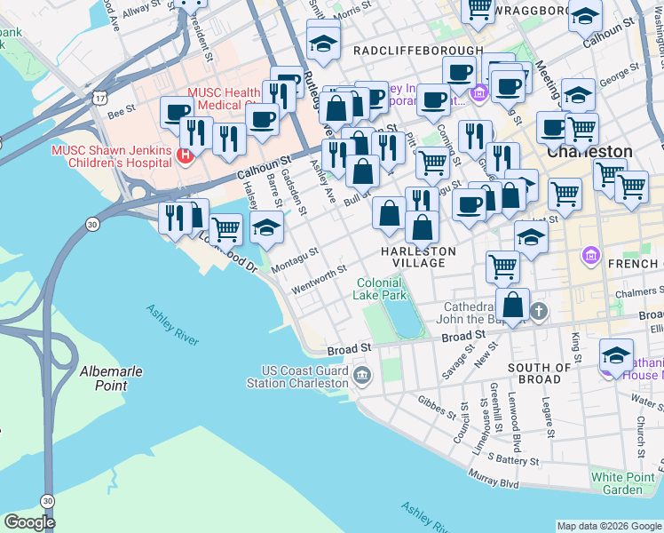 map of restaurants, bars, coffee shops, grocery stores, and more near 12 Gadsden Street in Charleston