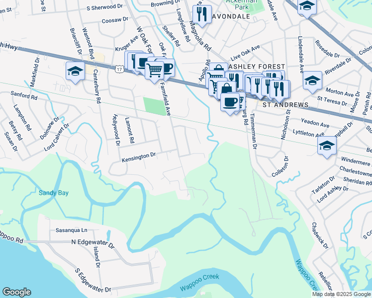 map of restaurants, bars, coffee shops, grocery stores, and more near 4 Huguenot Avenue in Charleston