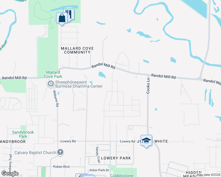 map of restaurants, bars, coffee shops, grocery stores, and more near 325 Lowery Oaks Trail in Fort Worth