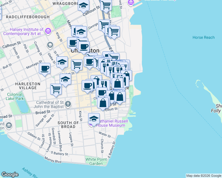map of restaurants, bars, coffee shops, grocery stores, and more near 12 Queen Street in Charleston