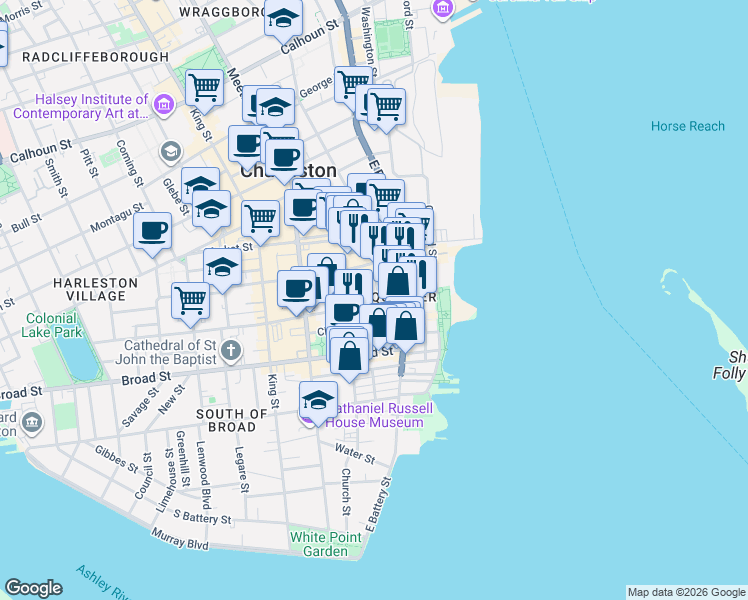 map of restaurants, bars, coffee shops, grocery stores, and more near in Charleston