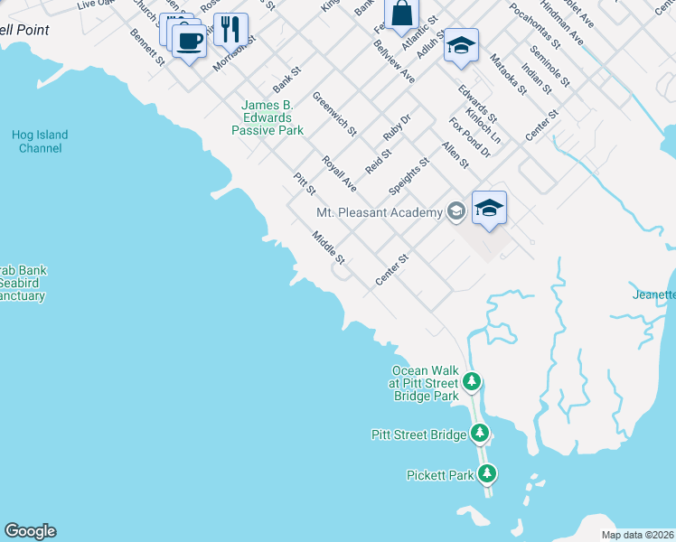 map of restaurants, bars, coffee shops, grocery stores, and more near 7 Pierates Cruz in Mount Pleasant
