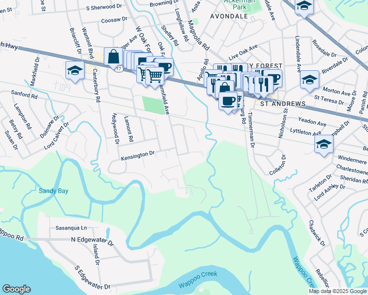 map of restaurants, bars, coffee shops, grocery stores, and more near 4 Huguenot Avenue in Charleston