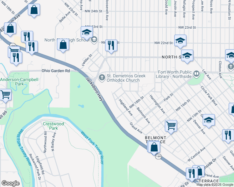 map of restaurants, bars, coffee shops, grocery stores, and more near 1904 Highland Avenue in Fort Worth