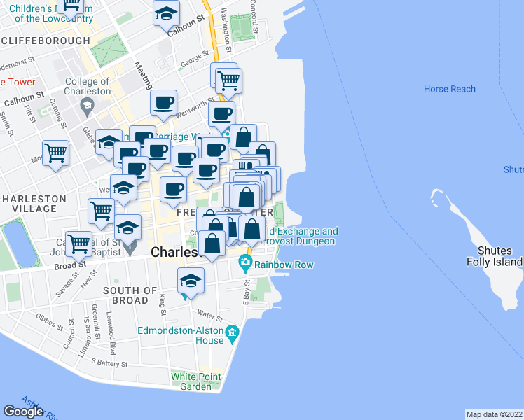 map of restaurants, bars, coffee shops, grocery stores, and more near 17 Vendue Range in Charleston