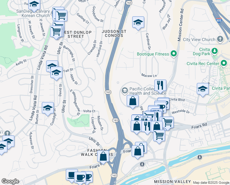 map of restaurants, bars, coffee shops, grocery stores, and more near 7440 Mission Valley Road in San Diego