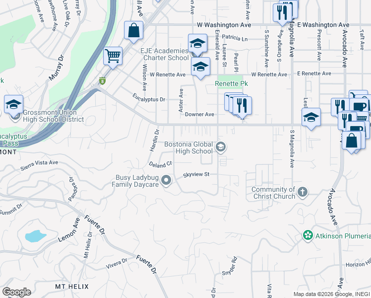map of restaurants, bars, coffee shops, grocery stores, and more near 740 Deland Court in El Cajon