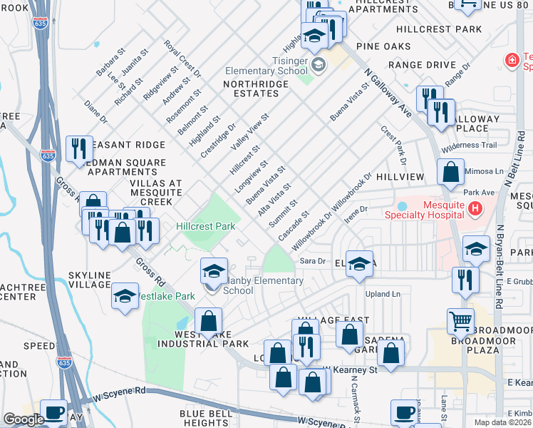 map of restaurants, bars, coffee shops, grocery stores, and more near 1310 Summit Street in Mesquite