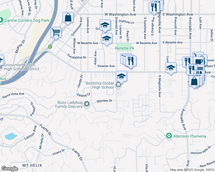 map of restaurants, bars, coffee shops, grocery stores, and more near 674 Palomar Avenue in El Cajon