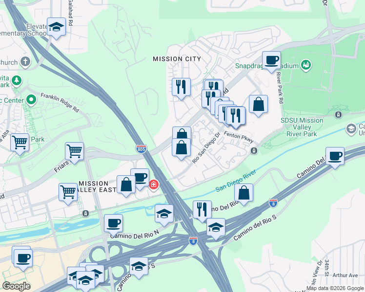 map of restaurants, bars, coffee shops, grocery stores, and more near 2265 River Run Drive in San Diego