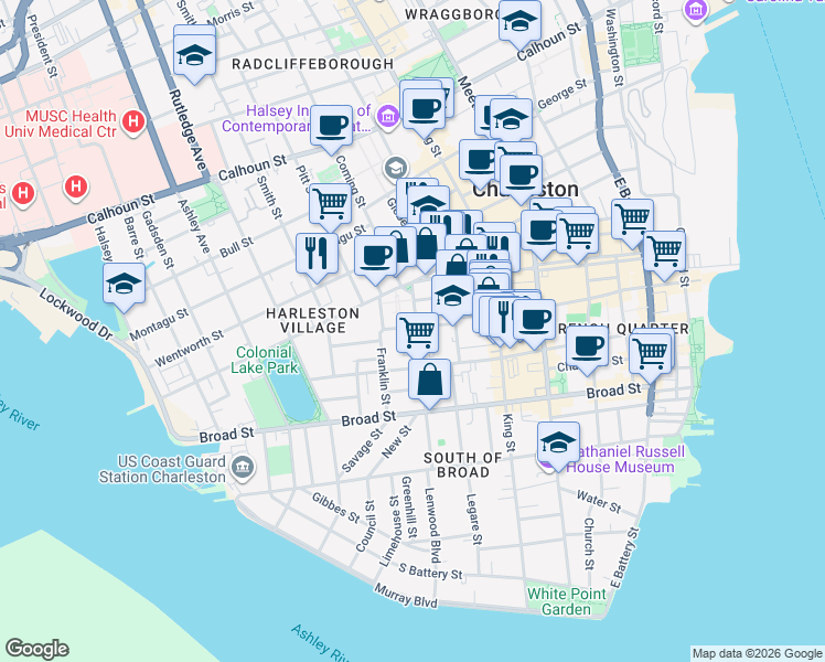 map of restaurants, bars, coffee shops, grocery stores, and more near 103 Logan Street in Charleston