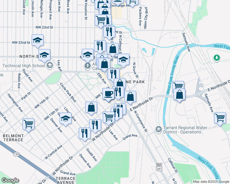 map of restaurants, bars, coffee shops, grocery stores, and more near in Fort Worth