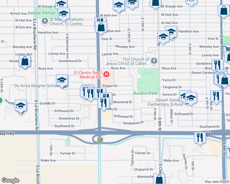 map of restaurants, bars, coffee shops, grocery stores, and more near 1295 Aurora Dr in El Centro