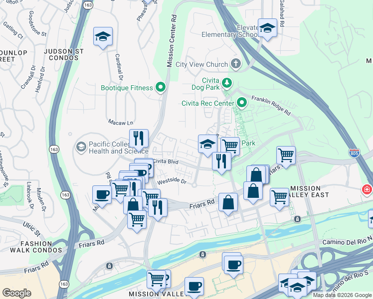 map of restaurants, bars, coffee shops, grocery stores, and more near 7842 Civita Boulevard in San Diego