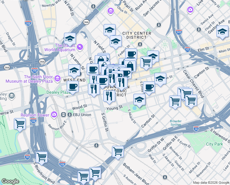 map of restaurants, bars, coffee shops, grocery stores, and more near 1300 Jackson Street in Dallas