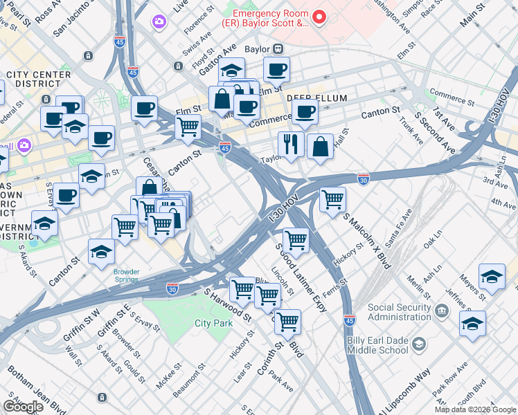map of restaurants, bars, coffee shops, grocery stores, and more near 836 South Good Latimer Expressway in Dallas