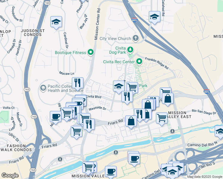 map of restaurants, bars, coffee shops, grocery stores, and more near 7859 Stylus Drive in San Diego